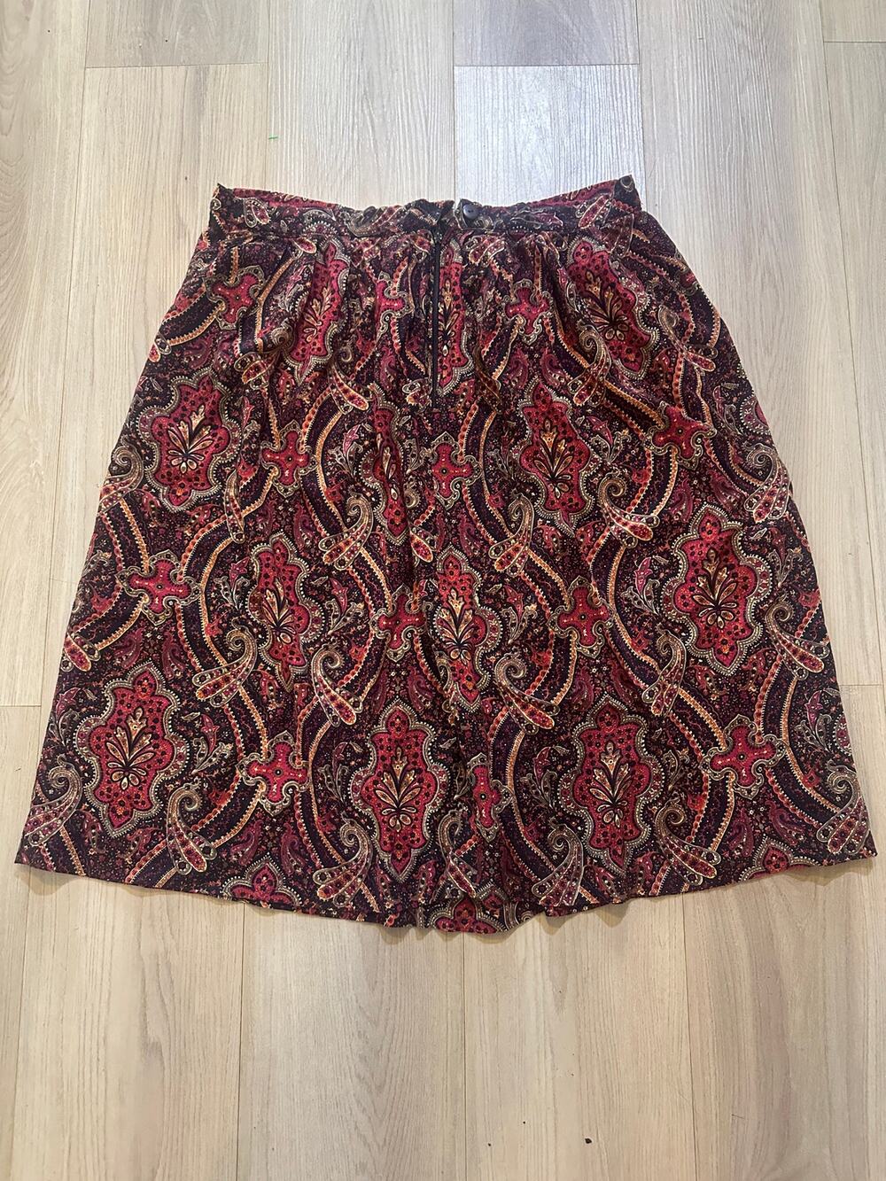 Vintage F.A. Chatta Paisley Midi Skirt Womens Red Purple Bohemian ILGWU USA